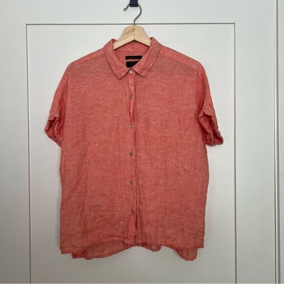 Rachel Roy Shirt Top Womens Sz M Salmon Linen Button Up Short Sleeve Rolled Cuff - Picture 1 of 12